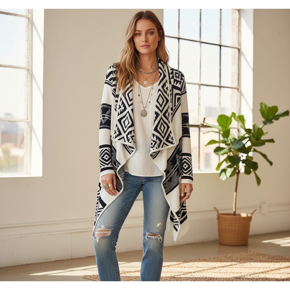 Women's L Sweater Blue White Tribal Cardigan Indie Boho Festival Artsy Coastal